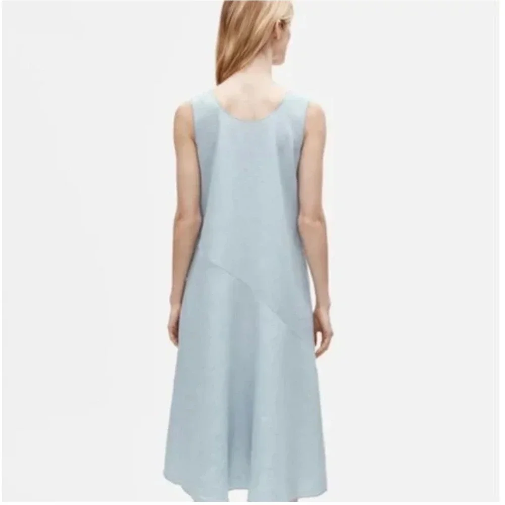 NWT Eileen Fisher Blue Organic Linen Scoop Neck Handkerchief Tank Slip Dress S‎